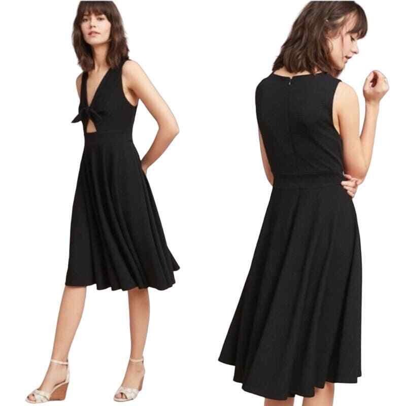 Hutch Anthropologie Black Textured Tie-Front Cutout Fit & Flare Midi Dress -Sz S